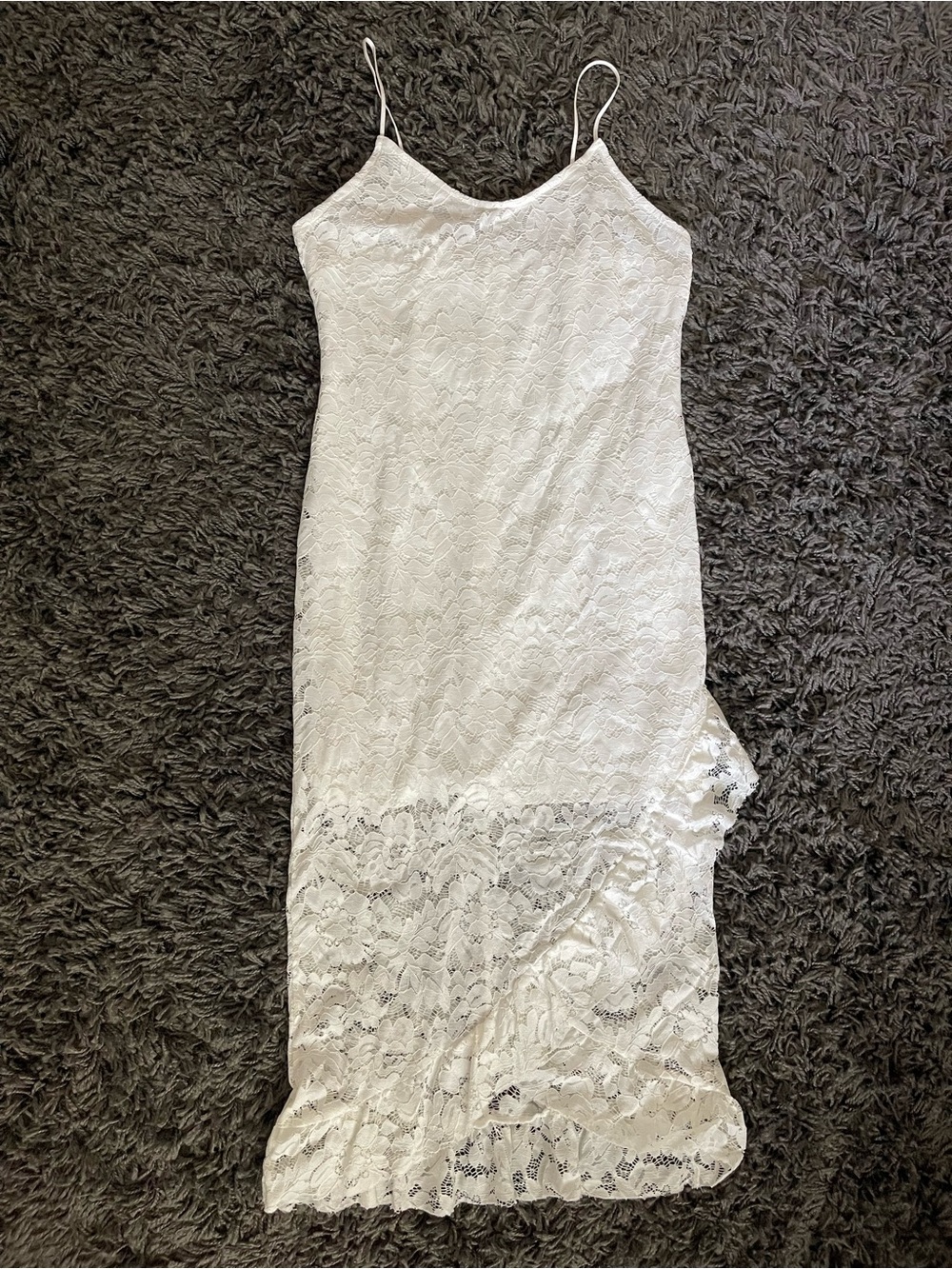 White & Ivory Floral Lace Asymmetric Ruffle Midi Dress Size L Stretch Bridal